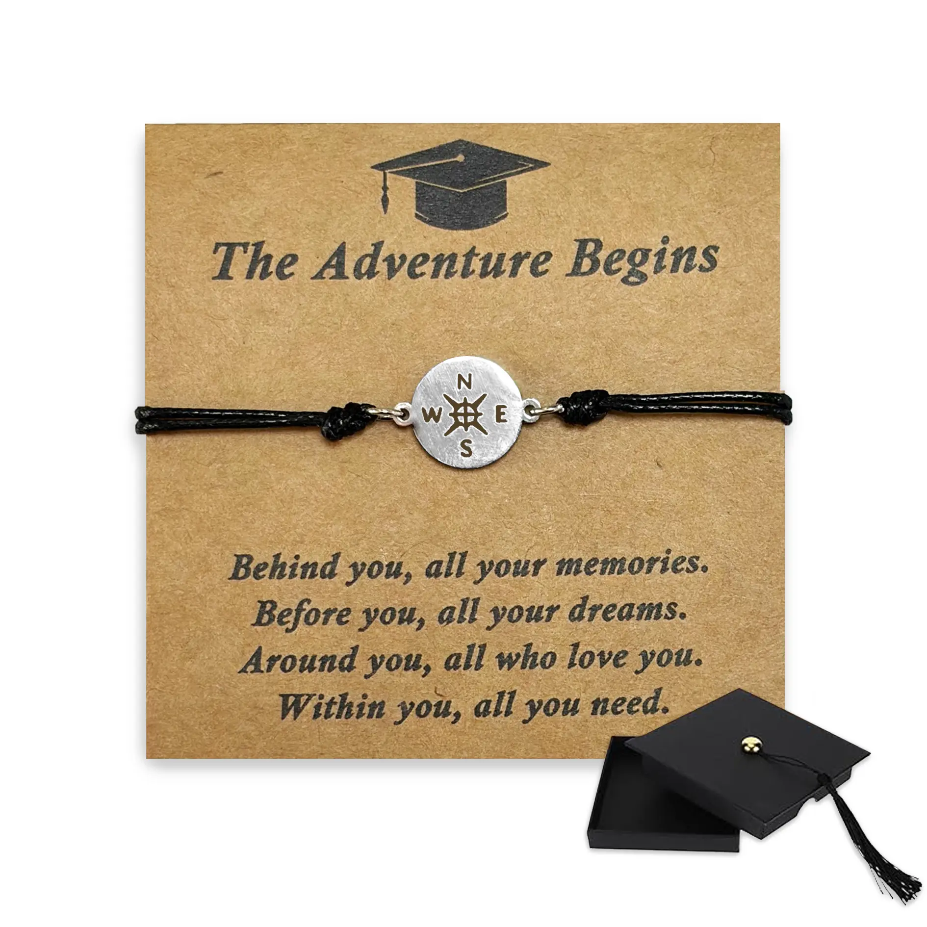 Graduation Compass Bracelet 2026, Adjustable Inspirational Gift for Women Men, Comes with Cap Box & Quote Cards for 5th Grade High School College Master Degree PhD