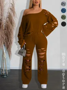 Women's Asymmetrical Shoulder Long Sleeve Ripped Design Fashion Street Cool Party, Casual Loose Fit Spring & Fall Wear Outfit, Womenswear