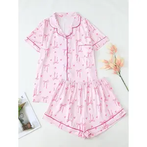 Women's Bow Print Shirt & Elastic Waist Shorts Pajama Set, Cute Summer Sleepwear, Comfortable Short Sleeve Loungewear for All Seasons
