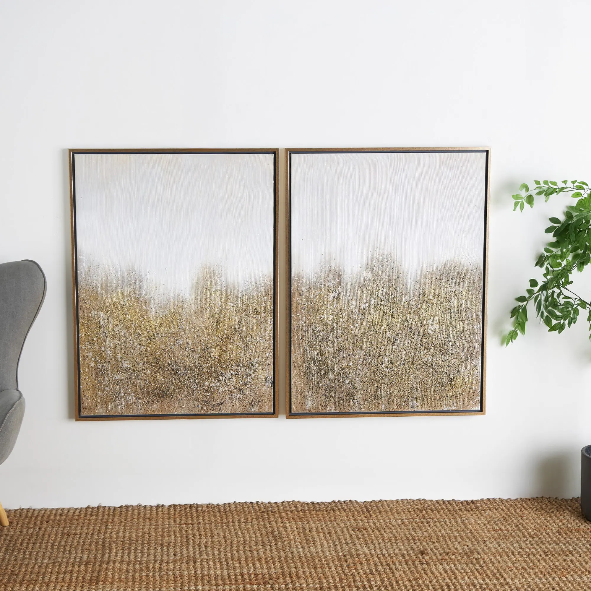 CosmoLiving by Cosmopolitan 2-Piece Artistic Minimalist Abstract Gold Canvas Textured Splatter Framed Wall Decor with Glitter Flakes, Living Room Print, Wood