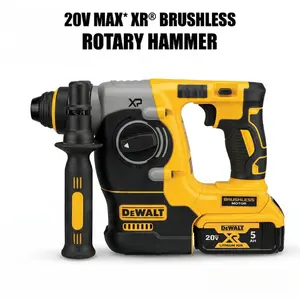 DEWALT DCH273 20V MAX brushless SDS-Plus rotary hammer drill set, is suitable for drilling in concrete, masonry, and metal, and features active vibration control. Battery and charger included.