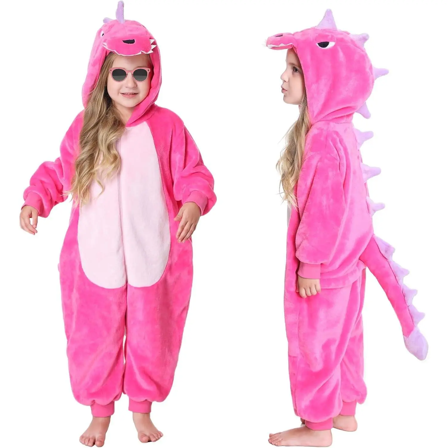 Kids' Soft Flannel Animal Onesie Pajama, Cartoon Print Sleepwear with Hood, 3D Tail & Butt Zipper for Halloween Cosplay