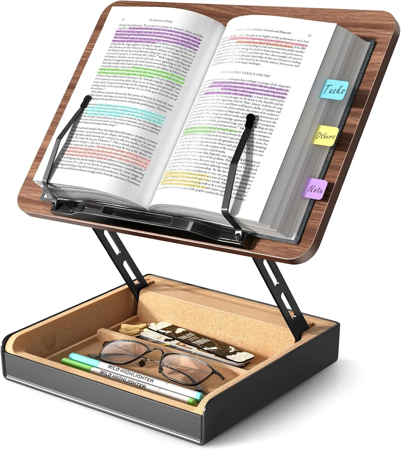 Wooden Adjustable Book Stand with Storage, Office Desk Copyholder & Kitchen Counter Recipe Holder for Hands-Free Reading, Book Lovers' Desk Organizer Accessory
