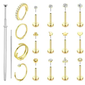 2D Flat, 18pcs Filled Nose Rings Studs Hoops for Women Men 20G 18G Hypoallergenic Surgical Steel Push in Threadless Flat Back Earrings CZ Helix Tragus Lip Cartilage Medusa Nostril Piercing Jewelry