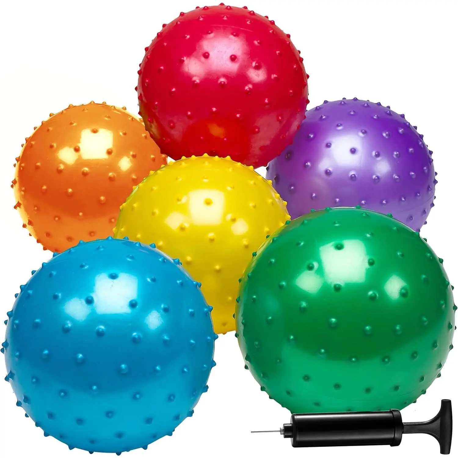 Inflatable 7-Inch Knobby Spiky Balls, (6 Pcs) Colorful Unisex Bulk Sensory Massage Stress Balls with Pump, Bouncy Toys for Toddlers, Kids Party Favors