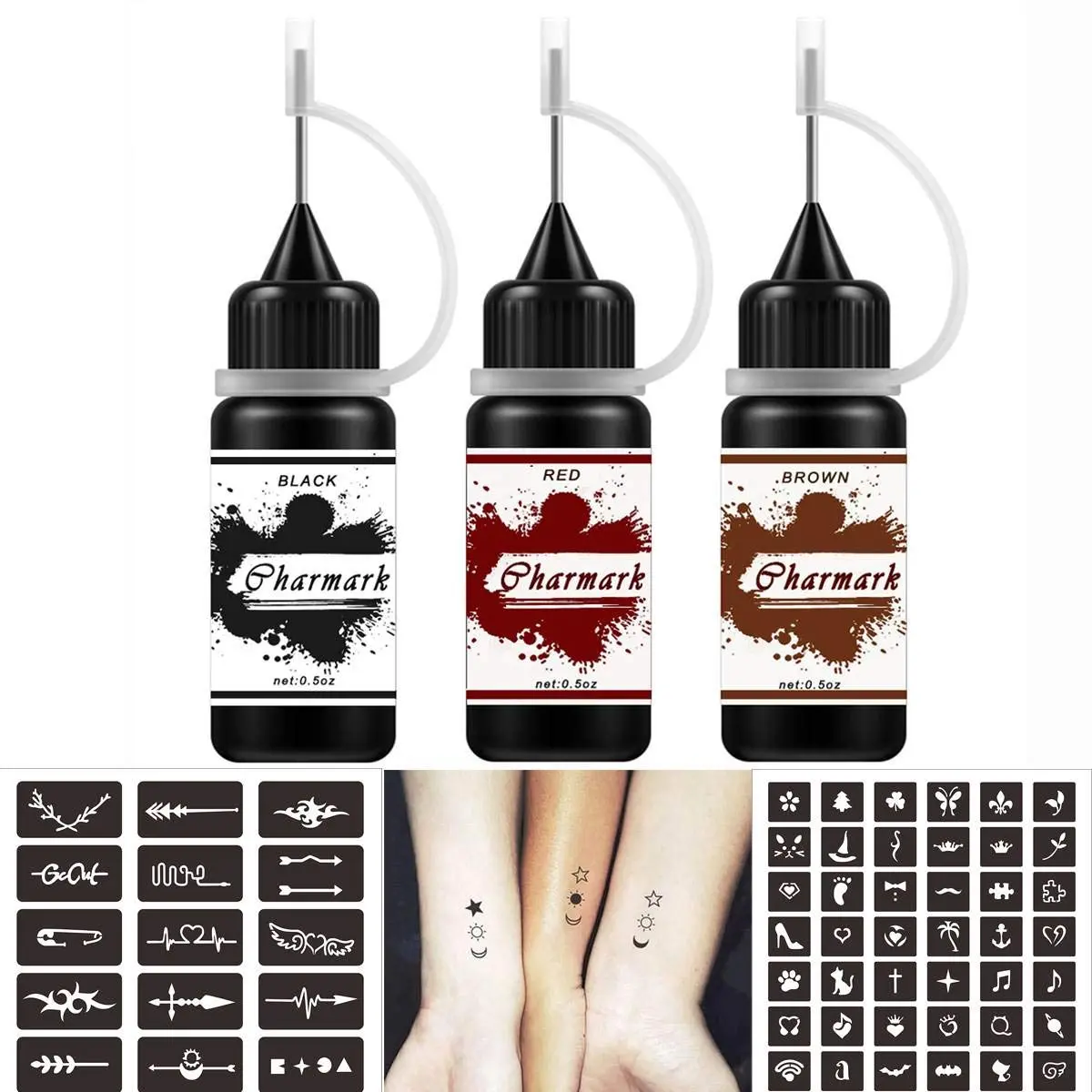 Jagua Gel Temporary Kit for Women Men Kids, Semi Permanent Ink Summer Trend Art Painting DIY Fake Freckles 84 Pcs Stencils - Full Kit 3 Colors