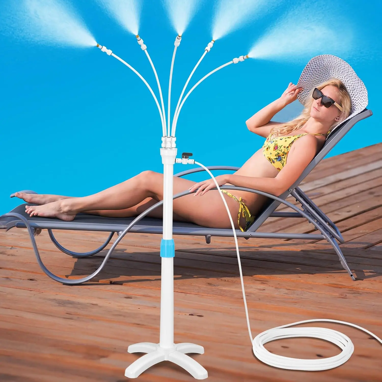 Stand Mister System, Portable Misting Cooling System with Upgrade Adjustable Riser Tube, 5 Spray Nozzles + 26.2FT (8M) Misting Line for Patio Pool BBQ Cooling  Water Playing (3.8FT)