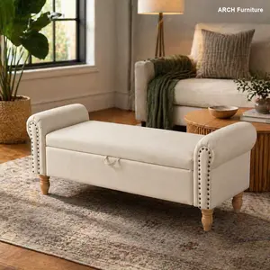 Upholstered Storage Ottoman Bench with Solid Wood Legs, Rolled Arms and Storage Organization, Fabric Indoor Bench for Living Room, Entryway, Beige Foot Rest Stools Stool
