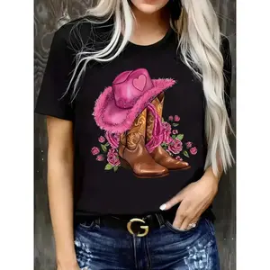 Plus Size Women's Casual Short Sleeve T-Shirt - Vibrant Boots & Hat Print, Comfortable Spring & Summer Top, Relaxed Fit, Soft Fabric, Easy Care, Perfect for Daily Wear  Golf Gift T-Shirt For Men and Women