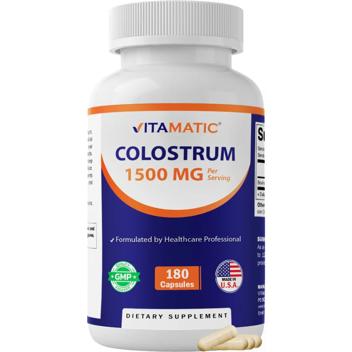 Vitamatic Bovine Colostrum 30% IgG Edible Dietary Supplement - 1500 mg per Serving, 180 Veg Capsules, Hair Growth Vitamins, Gut & Immune Support, Hair & Nail Care with Magnesium