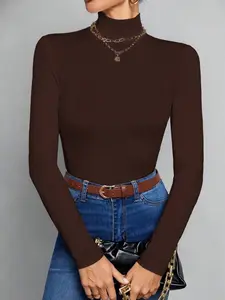 Turtleneck Long Sleeve Top,  Mock Neck Fitted Shirt,  Brown Turtleneck Top Women,  Slim Fit Basic Tee Women,  Stretchy Ribbed Turtleneck.