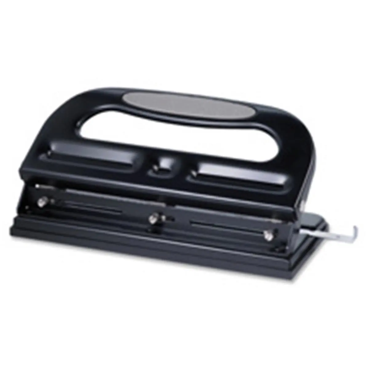 Business Source Heavy-Duty 3-Hole Punch, Adjustable Positions, Paper Guide, 0.28 in Size, 40-Sheet Capacity, Black, Soft Pad Grip, Drills 9/32" Holes, Adjustable Holes, Three-Hole Punch