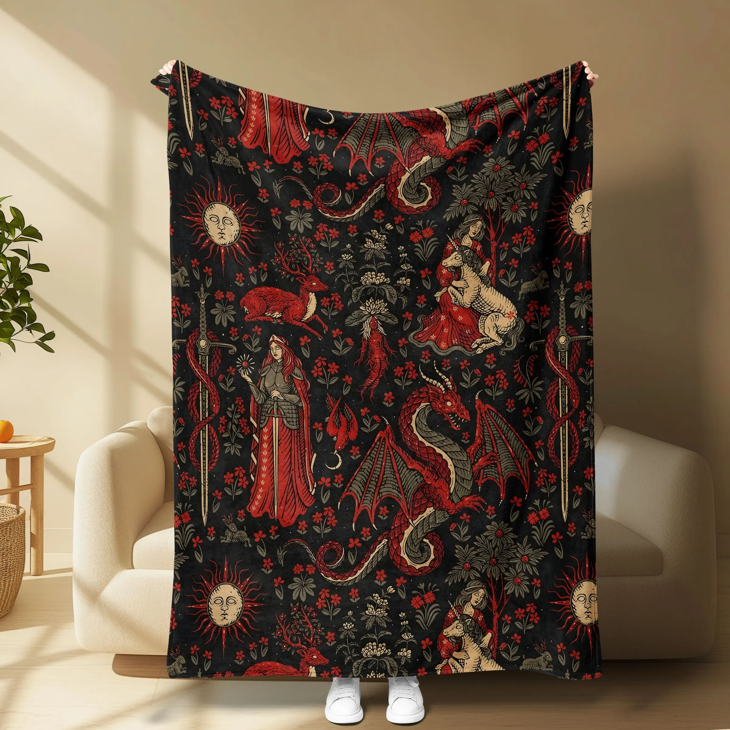 Gothic Dragon Fleece Blanket, Medieval Fantasy Throw Blanket, Dark Academia Dragon Flannel Blanket, Vintage Gothic Couch Throw, Soft Blankets, Cozy Blanket Throw