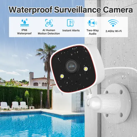 Jennov WiFi Security Camera 2K 1296P Outdoor/Indoor Waterproof IP66 - Full-Color Night Vision, Motion Tracking with AI Human Detection, Two-Way Talk, App Live View, SD/Cloud Storage, Alexa