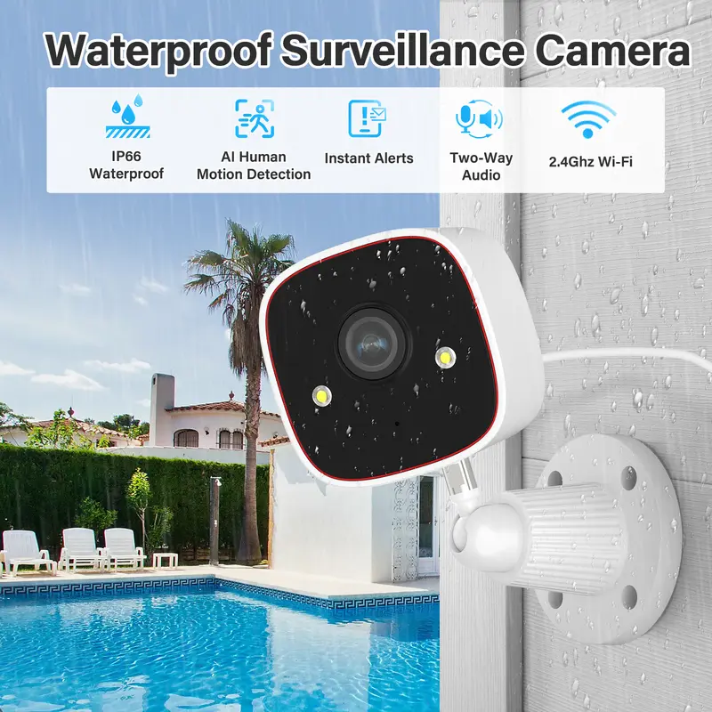 Jennov WiFi Security Camera 2K 1296P Outdoor/Indoor Waterproof IP66 - Full-Color Night Vision, Motion Tracking with AI Human Detection, Two-Way Talk, App Live View, SD/Cloud Storage, Alexa