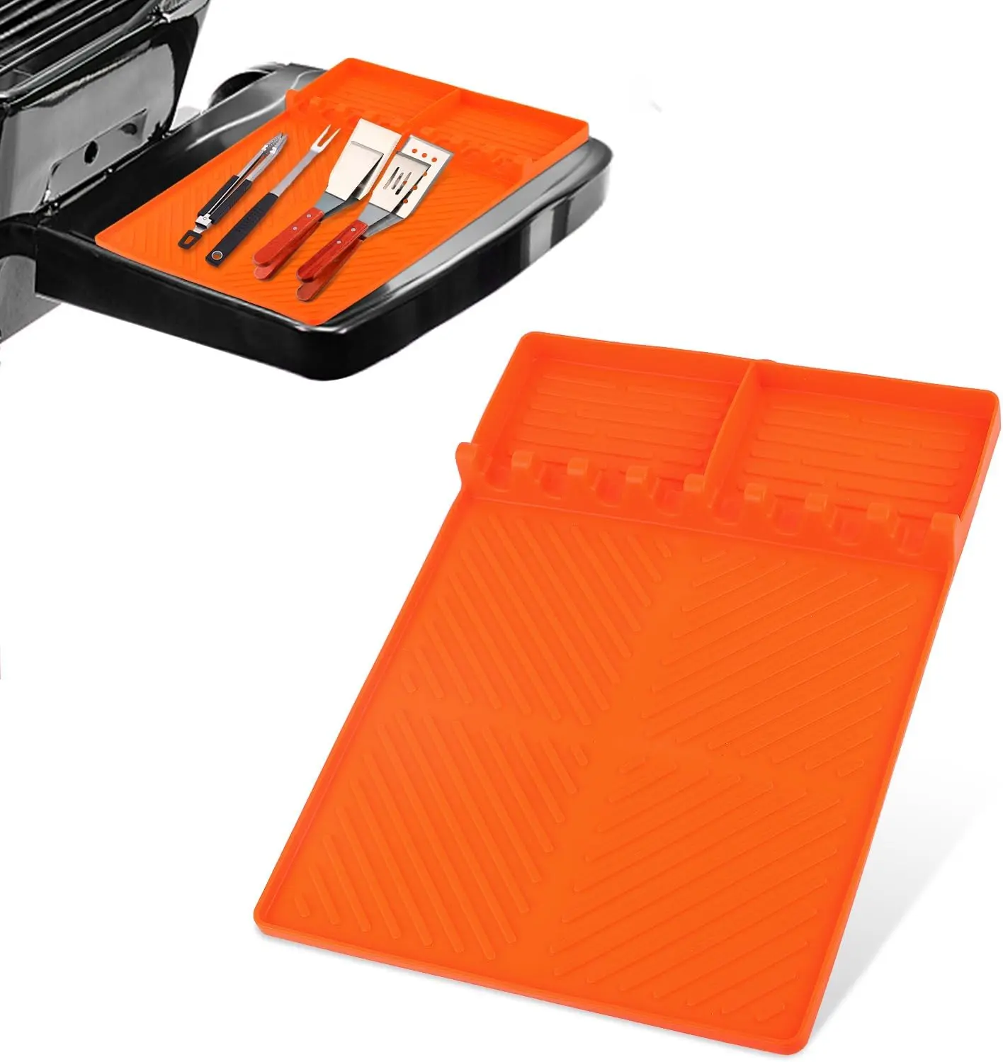 Heat-Resistant Silicone Griddle Drain Pad for Outdoor Grill - Blackstone-Fit, Waterproof, Oil-Proof, Flat-Fold Grease Drain Tool with Raised Drip Tray & Slots, Compact Spatula Side Shelf Mat, Reusable Gift for Grilling Enthusiasts (Campfire/BBQ Party Use)
