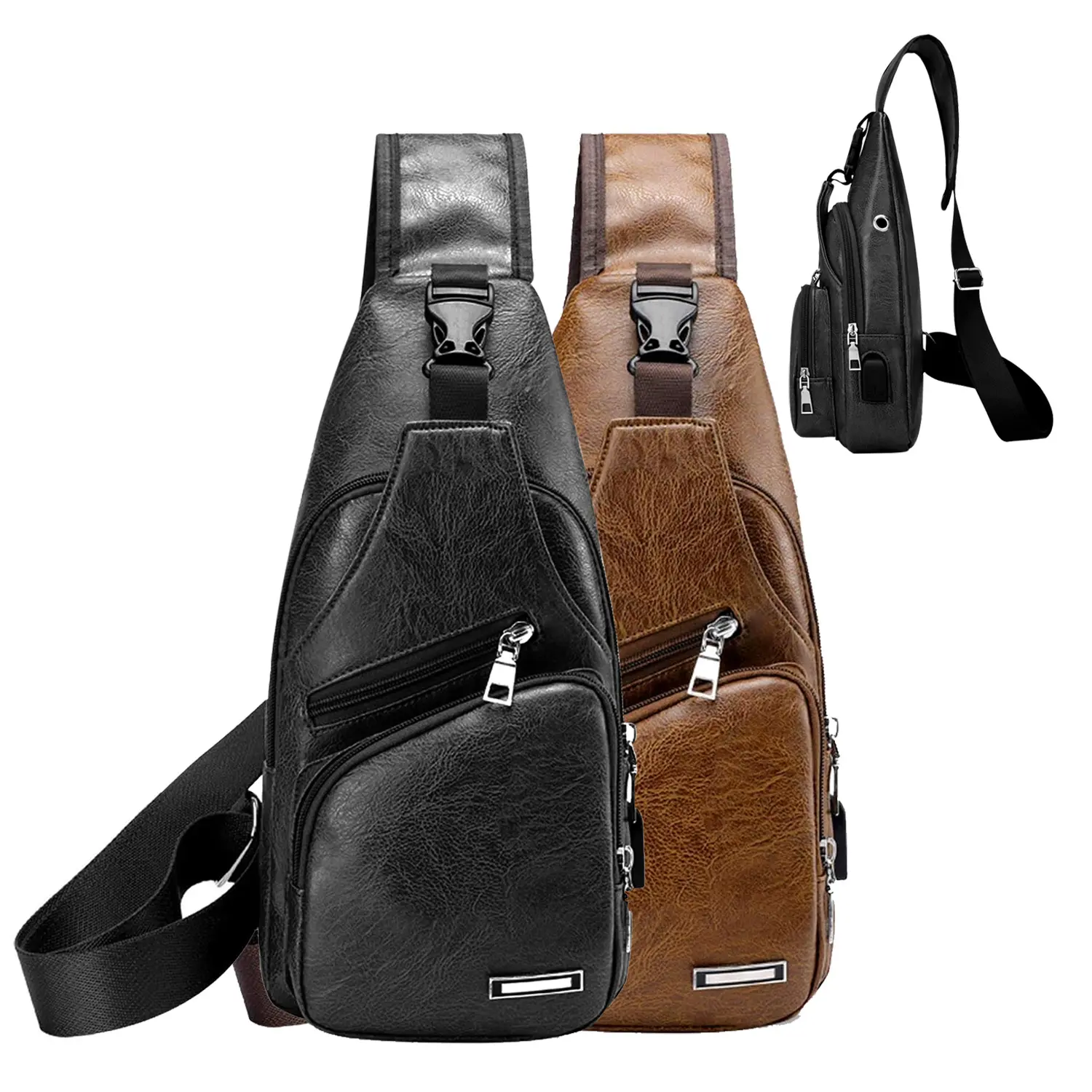 Waterproof Small Sling Crossbody Bag, PU Leather Chest Bag with USB Charging Port, Casual Daily Commuting Bag Ideal for Hiking Cycling Fishing Camping Travel ,Backpack backtoschool