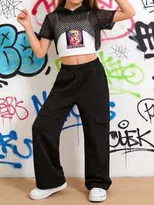 Girls' Summer Fashion Set, “Ballerina Cappuccina” Cartoon Print, Sleeveless Top, Hooded Mesh Short Shirt, Casual Pants Three-Piece,Y2K STYLE