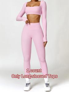 women's solid square neck crop sports tee, sporty tight-fitting long sleeve t-shirt for yoga gym workout, gym tops ladies sportswear for all seasons, cute gym clothes, running training top, casual activewear, soft tops, sports clothing, gymswear