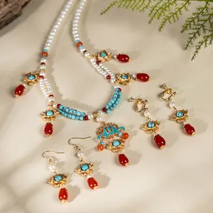 Ancient-style Hanfu accessories set: necklace and earrings, retro palace-style burnt blue pendant, Ming-style Tang-style double-layered necklace