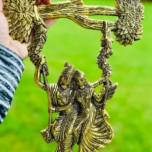 Radha Krishna Wall Art Indian Spiritual Décor Hindu Couple Gift Krishna Painting for Home Temple Gift for Mom House Warming Gift Metal Wall Art Antique Carving Decor Traditional Religious Decoration