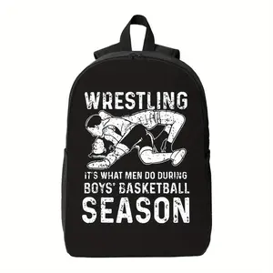 Wrestling Season Backpack - Large Capacity High Quality School Bag with Wrestling Graphic Print ("What Do During Boys Basketball Season"), Heavy-Duty Zipper Closure, Laptop Compartment - for Wrestling Practice, Travel, College, Gym - Athletic Backpack for