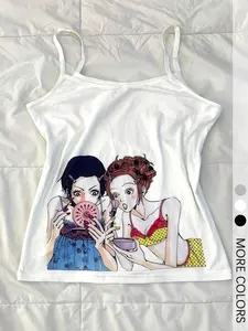 Women's White Sleeveless Short Fitted Tank Top with Cute Cartoon Girls Makeup Mirror Print, Y2K Graphic Casual Top for Daily Streetwear and Summer Outings
