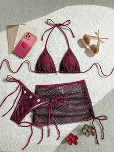 Three-Piece Set Women's Solid Bikini Set, Casual Fishing Net Cover Up Skirt & Swim Top & Swim Bottom, Fashion Chic Ladies Bathing Suit for Beach Holiday Vacation