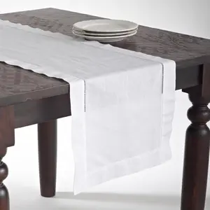 SARO 6100.W16120B Solid Cotton Oblong Table Runner, 16 x 120 in Hemstitched Blend Linen, Machine Washable White Household Kitchen Textile