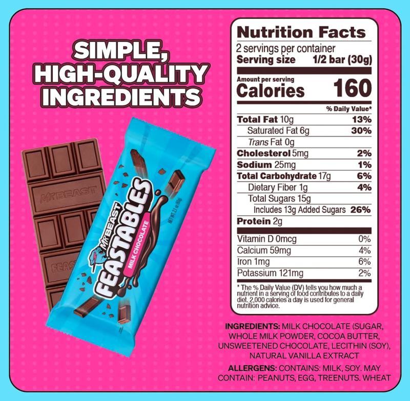 Feastables by MrBeast Sampler Pack King Size Chocolate Bars - for Adults & Kids, Chocolate, Candy, Cocoa Sweet & Crunchy Snack, Fairtrade Certified, Kosher, Perfect for Gifting or Snacking