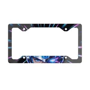 Cyber Anime Eyes Metal License Plate Frame Complete Neon Futuristic Design White Aluminum Sculpted Shape Full Color Printing Glossy Finish