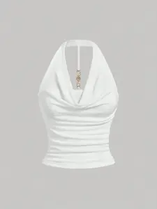 SAMPLEI Draped Collar Metal Decorative Buckle Halter Top , Cruise Women