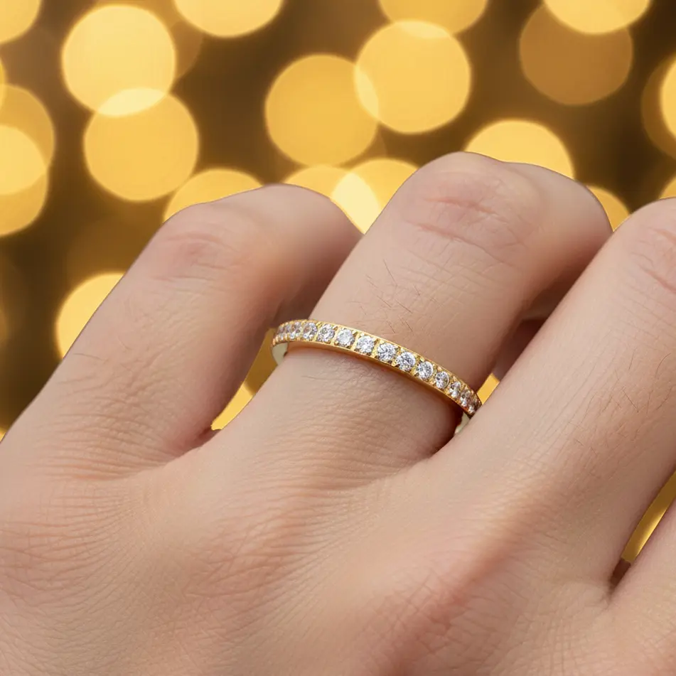 Titanium Engagement Ring Yellow Gold Titanium 2mm Thin Prong Round Clear CZ Half Eternity Ring Women's Lightweight Wedding Band Titanium Band Ring for Her