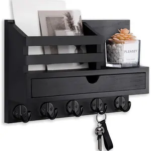Key Holder Wall Mount, Mail Holder with Storage Drawer and 5 Key Hooks for Coat, Dog Leash, Home Decor Rack, House Accessories, Entry Way Organizer