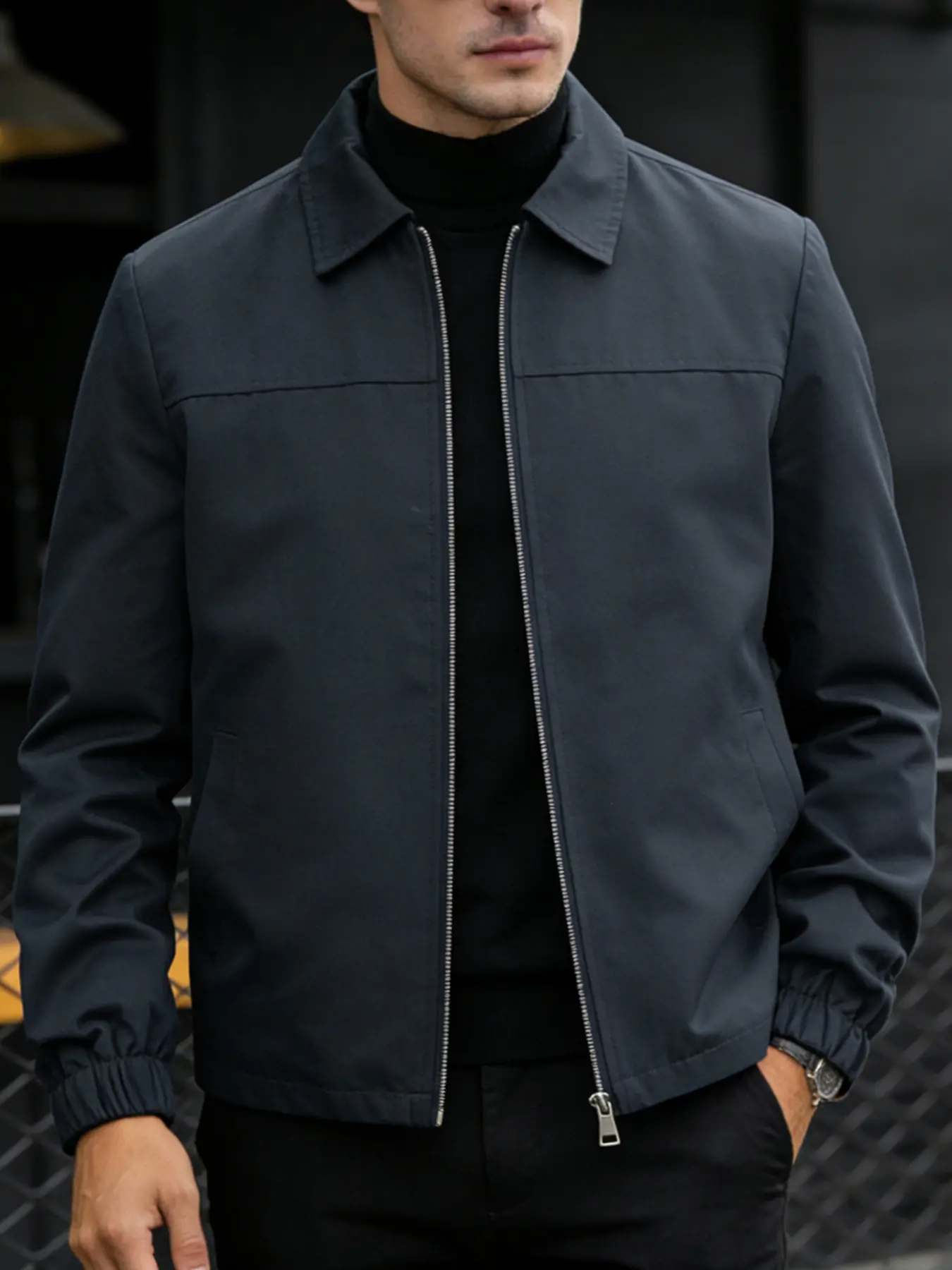 Men's casual collar jacket, Outerwear, with zipper closure and elastic cuffs, simple solid color spring and autumn jacket, 100% polyester fiber, machine washable, easy to maintain fabric, suitable for daily casual and work wear