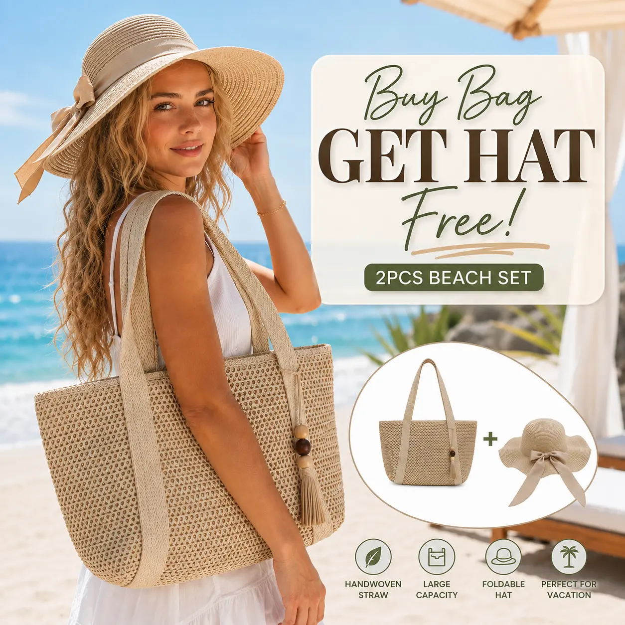 Buy Bag Get Hat Free! Women’s Straw Tote Bag & Foldable Sun Hat Set, Large Capacity Handwoven Beach Bag for Summer Vacation, Travel & Beach Outfit,Straw Basket Tote, Elegant Design, High-Quality Beach Vacation Handbag, Trendy All-match Commuter Bag Bags B