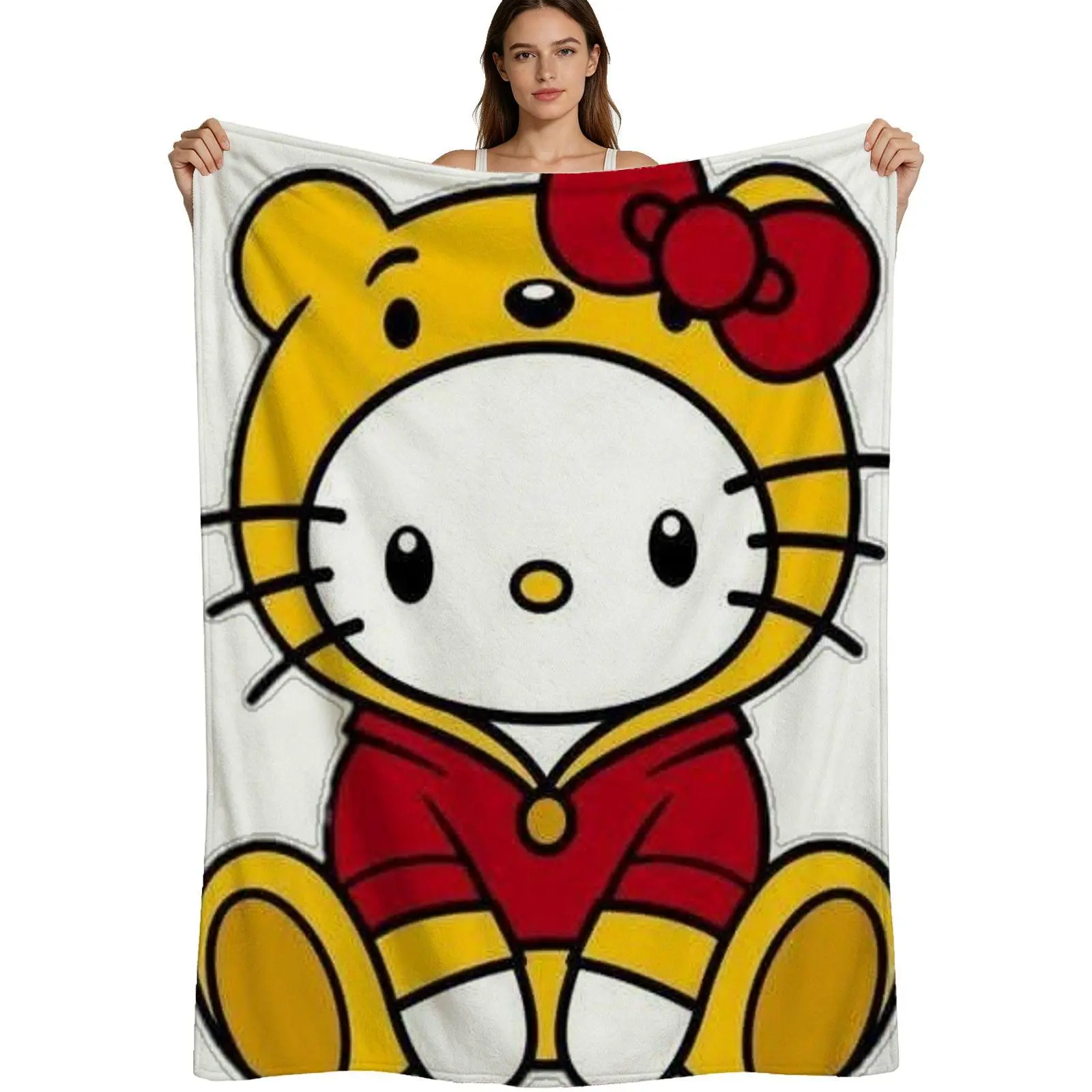 Cute Cartoon Style, Warm Flannel Blanket, In Winnie The Pooh Costume Design, Soft Plush Fabric With Vibrant Print, Perfect For Kids And Fans Of Sanrio Characters, 4 Sizes Available Single Pack