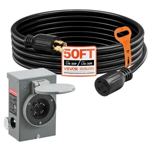 VEVOR 30 Amp Generator Cord and Power Inlet Box, 50 FT, 125/250V NEMA L14-30P to L14-30R Heavy Duty Extension Power Cord, SJTW 10 Gauge 7500W, Pre-Drilled Inlet Box, for Generator to House, ETL Listed
