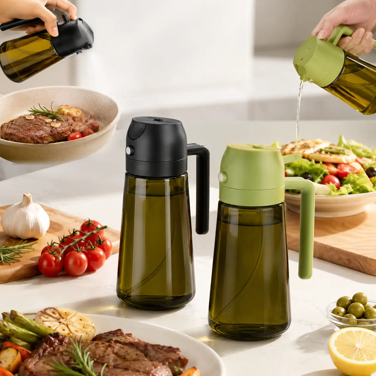 2PCS Light Blocking Dark Glass Oil Sprayer for Cooking Dual-Function Cooking Oil Sprayer, Leak-Proof Dual-Function Oil Dispenser Oil Dispenser for kitchen Pour Spray Dual Mode Bottle