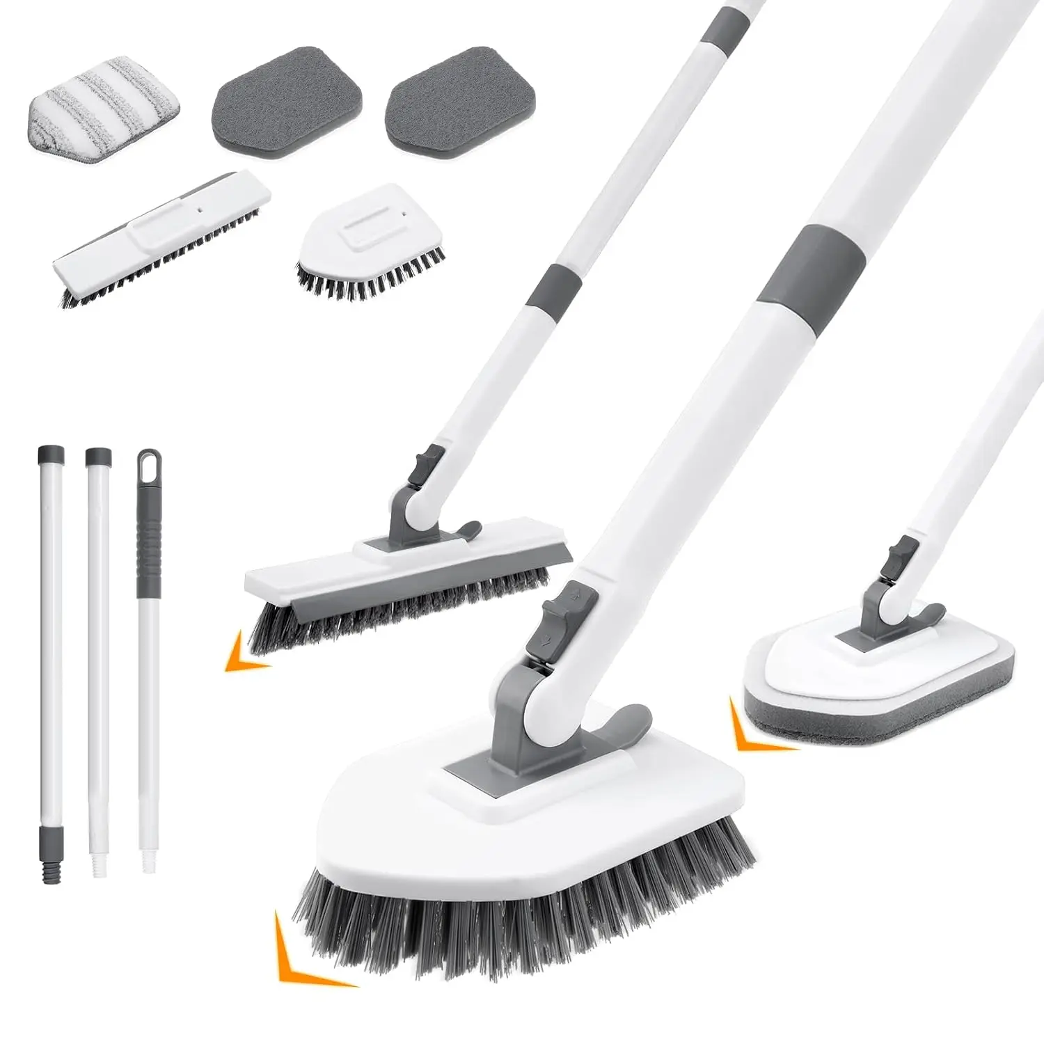 4 in 1 Floor Scrub Brush, Tub and Tile Brush with  with 58 in Adjustable Long Handle, Heavy Duty Stiff Bristle Floor Scrubber and Scraper,  Sponge Brushes Microfiber Pad, for Shower Bathroom Ki Patio, Garage, Kitchen, Wall & Deck