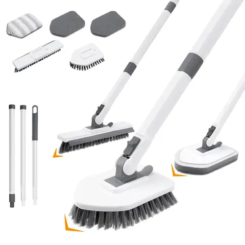 4-in-1 Floor Scrub Brush Cleaner Set, 58" Adjustable Long Handle (Max Reach) with Stiff Bristle Scrubber, Grout Scraper, Sponge, Microfiber Pad, 180° Swivel for Tight Corners, 3-Angle Lock for Bathroom Bathtub, Kitchen - Ideal Gift for Friends