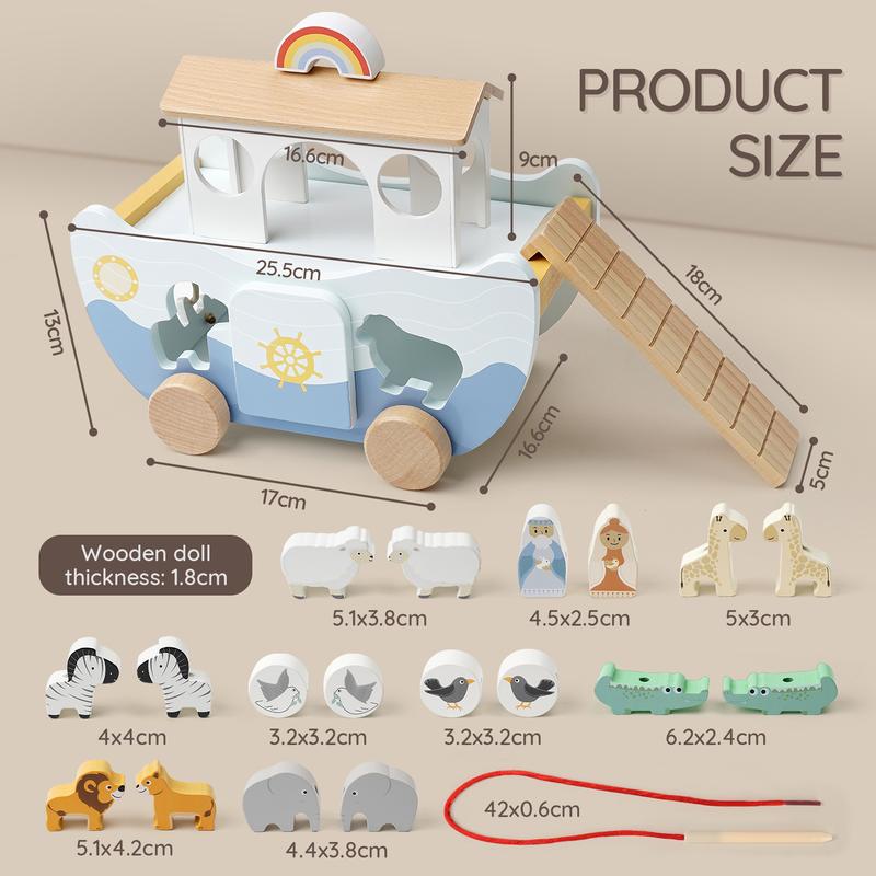 Joyreal Wooden Noah's Ark Toy for 1 Year Old Baby Boy and Girl Baptism Gift Neutral Color Montessori Educational Toy with Animal Shape Sorter Christian Toys for Toddler 1-3 Christmas Birthday Gift