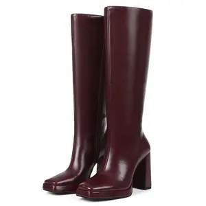 Design Luxury Chunky High Heel Women Knee High Boots Square Toe Platform Fashion Sexy Ankela Red Retro Winter Shoes