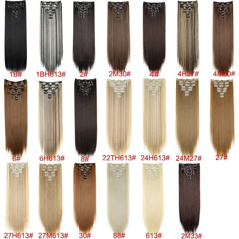 New  24Inch Synthetic 7Pcs/set Long Straight Hair Extension 16Clips Hairstyle Black Blonde Hairpiece for Women