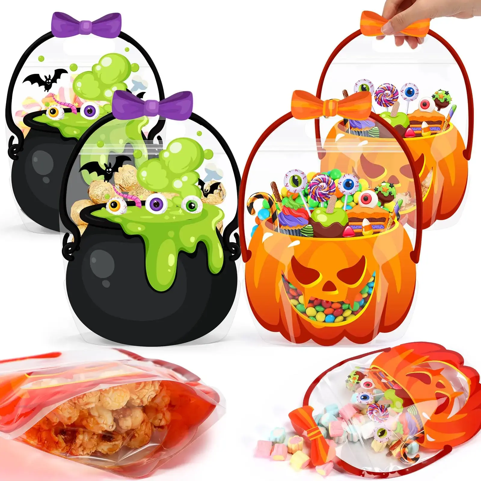 50 Pcs Halloween Goodie Bags Plastic Candy Bag Trick or Treat Bags with Cauldron Skeleton black Cat Skull Pumpkin Design,Treat Bags for Student Teacher Colleagues Neighbors,Classroom Snack Storage for Halloween Birthday Party Favor Supplies