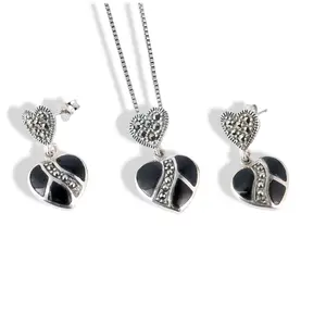 925 Sterling Silver Heart Jewelry Set with Marcasite & Black Onyx – 1mm Box Chain