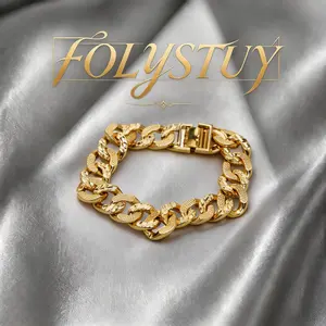 [FOLYSTUY(W167)] Gold Tone Textured Curb Chain Bracelet Chunky Classic Fashion Jewelry for Men