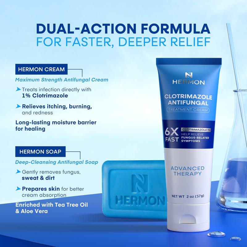Hermon Advanced Therapy Clotrimazole Antifungal Treatment Cream & Soap Kit - 57g Tube & 113g Bar - Relieves Athletes Foot Jock Itch Ringworm - Maximum Strength
