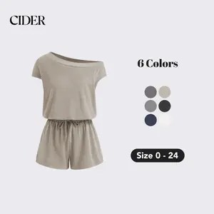 Cider Women's Breathable Asymmetrical Drawstring Neck Romper with Knotted Waist Detail, Vacation-Ready Playsuit in Soft Jersey Fabric for Summer Beach Outings & Casual Everyday Wear