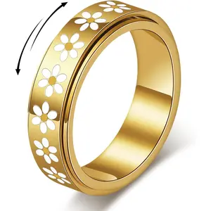 Daisy Fidget Ring for Anxiety Relief - 18K Gold Plated Spinner Band for Stress Relief,Stainless Steel Statement Flower Ring for Women,Thoughtful Gift for Birthday Valentine's Day,Size 6-10